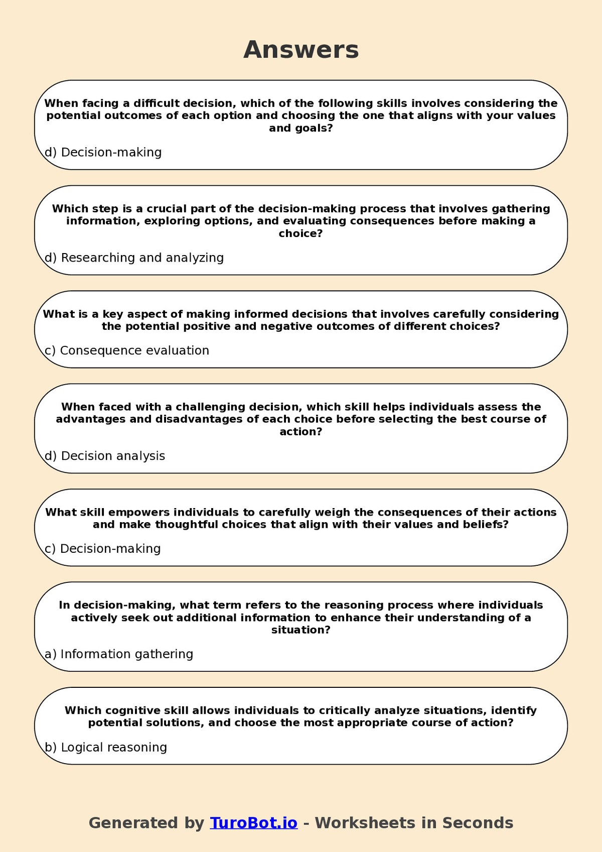 Year 7 Health & Wellbeing Multiple Choice Worksheet – Decision Making Skills