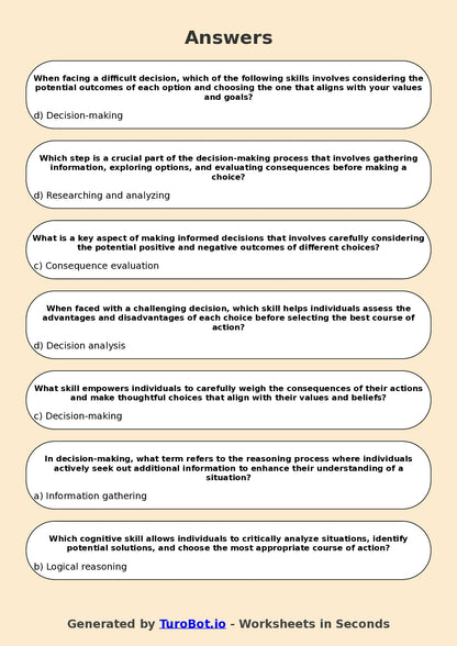 Year 7 Health & Wellbeing Multiple Choice Worksheet – Decision Making Skills