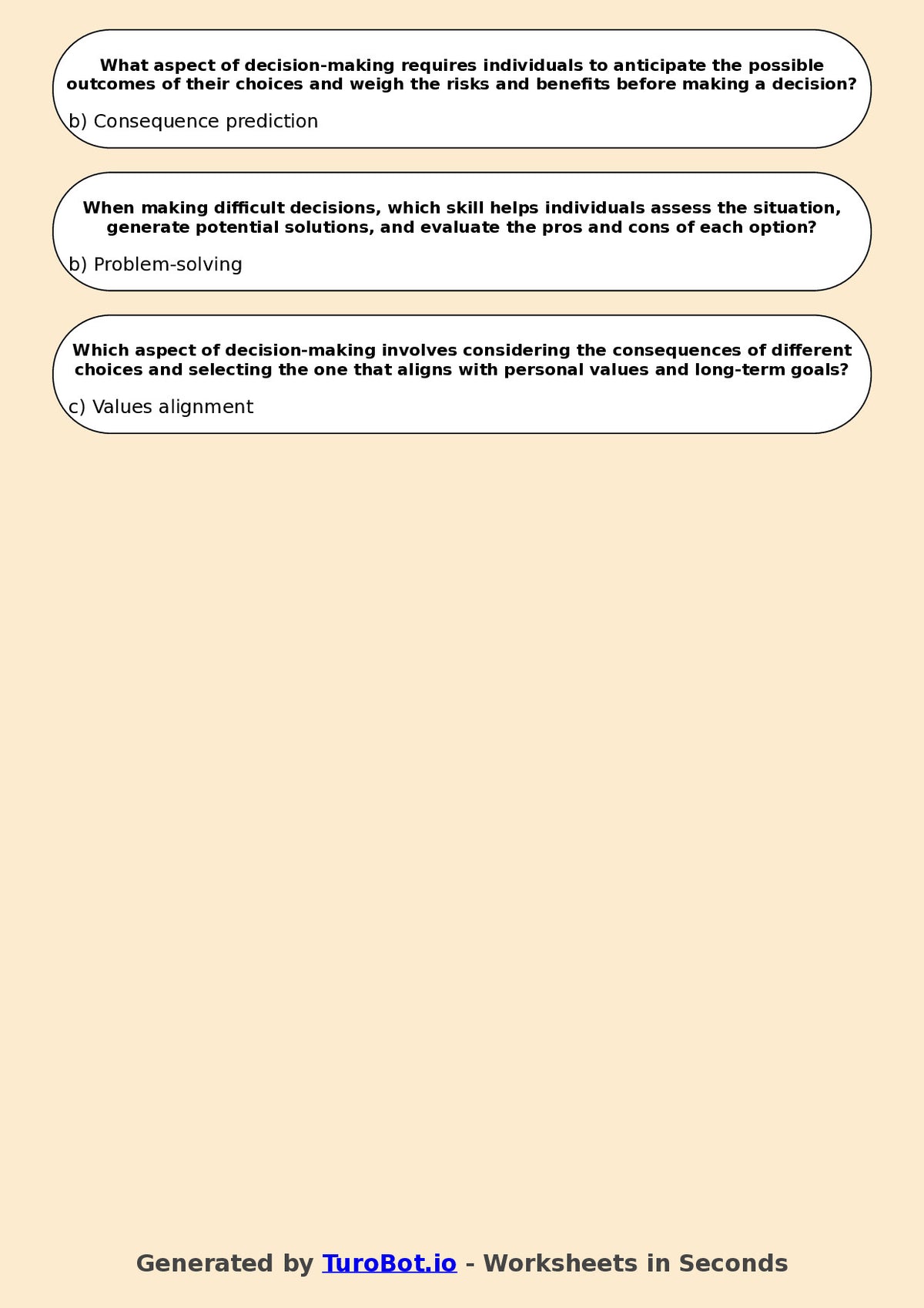 Year 7 Health & Wellbeing Multiple Choice Worksheet – Decision Making Skills
