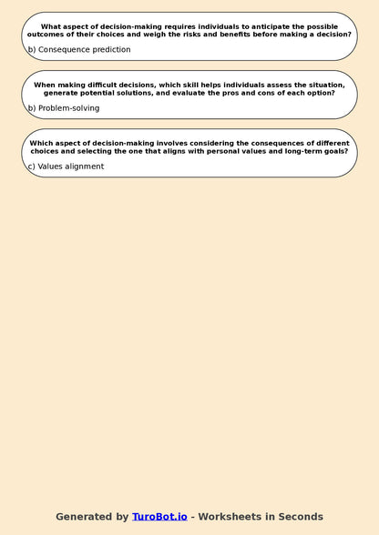 Year 7 Health & Wellbeing Multiple Choice Worksheet – Decision Making Skills