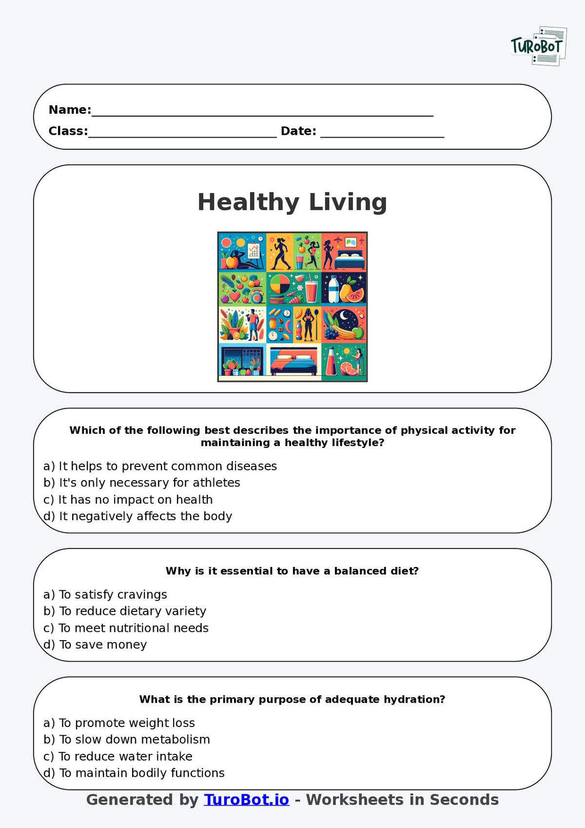 Year 7 Health & Wellbeing Multiple Choice Worksheet – Healthy Living Habits