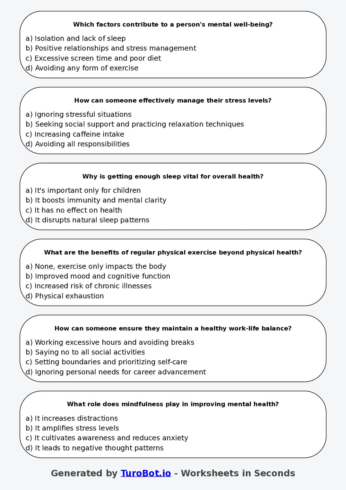Year 7 Health & Wellbeing Multiple Choice Worksheet – Healthy Living Habits
