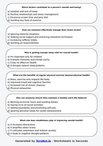 Year 7 Health & Wellbeing Multiple Choice Worksheet – Healthy Living Habits