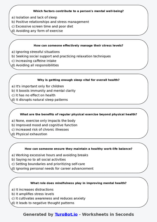 Year 7 Health & Wellbeing Multiple Choice Worksheet – Healthy Living Habits