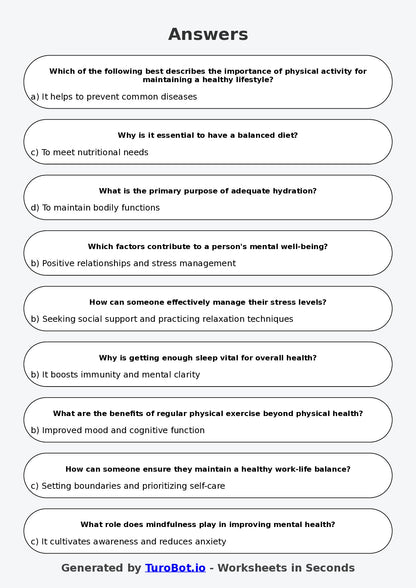 Year 7 Health & Wellbeing Multiple Choice Worksheet – Healthy Living Habits