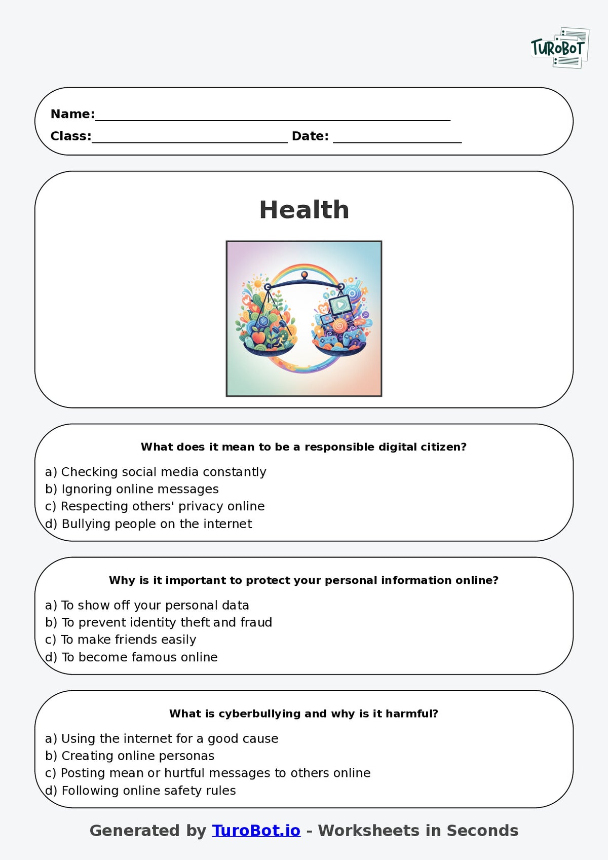 Year 7 Health & Wellbeing Multiple Choice Worksheet – Online Safety and Digital Balance