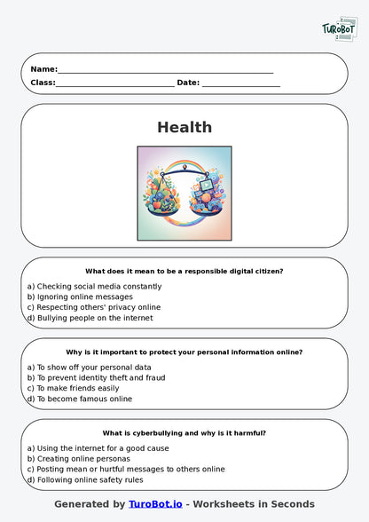 Year 7 Health & Wellbeing Multiple Choice Worksheet – Online Safety and Digital Balance