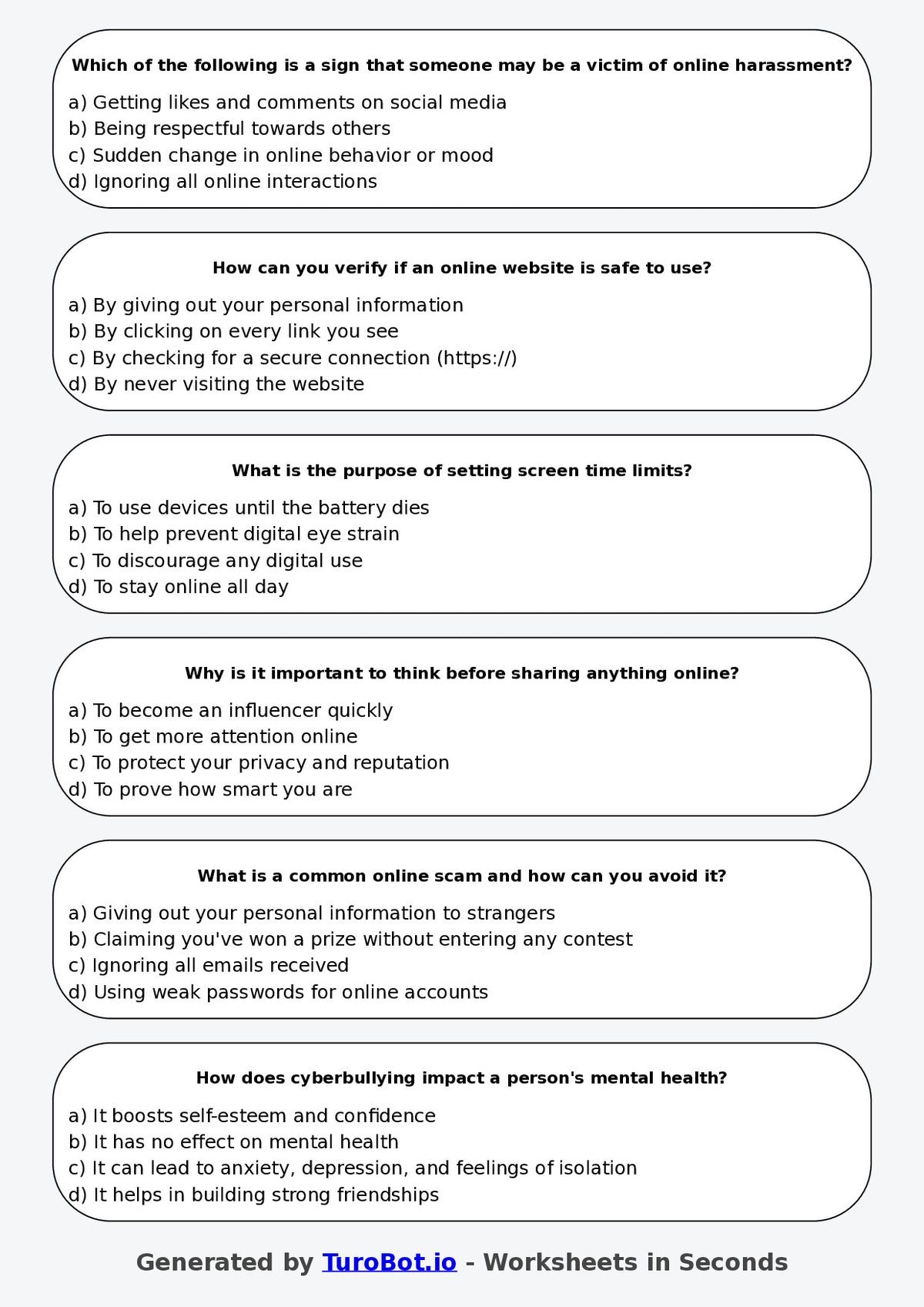Year 7 Health & Wellbeing Multiple Choice Worksheet – Online Safety and Digital Balance