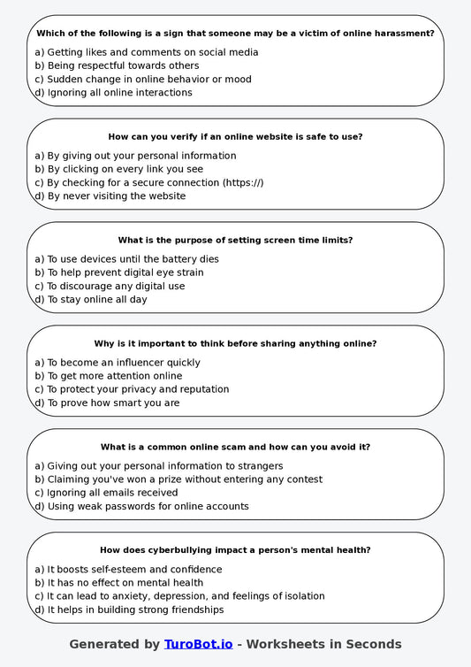 Year 7 Health & Wellbeing Multiple Choice Worksheet – Online Safety and Digital Balance