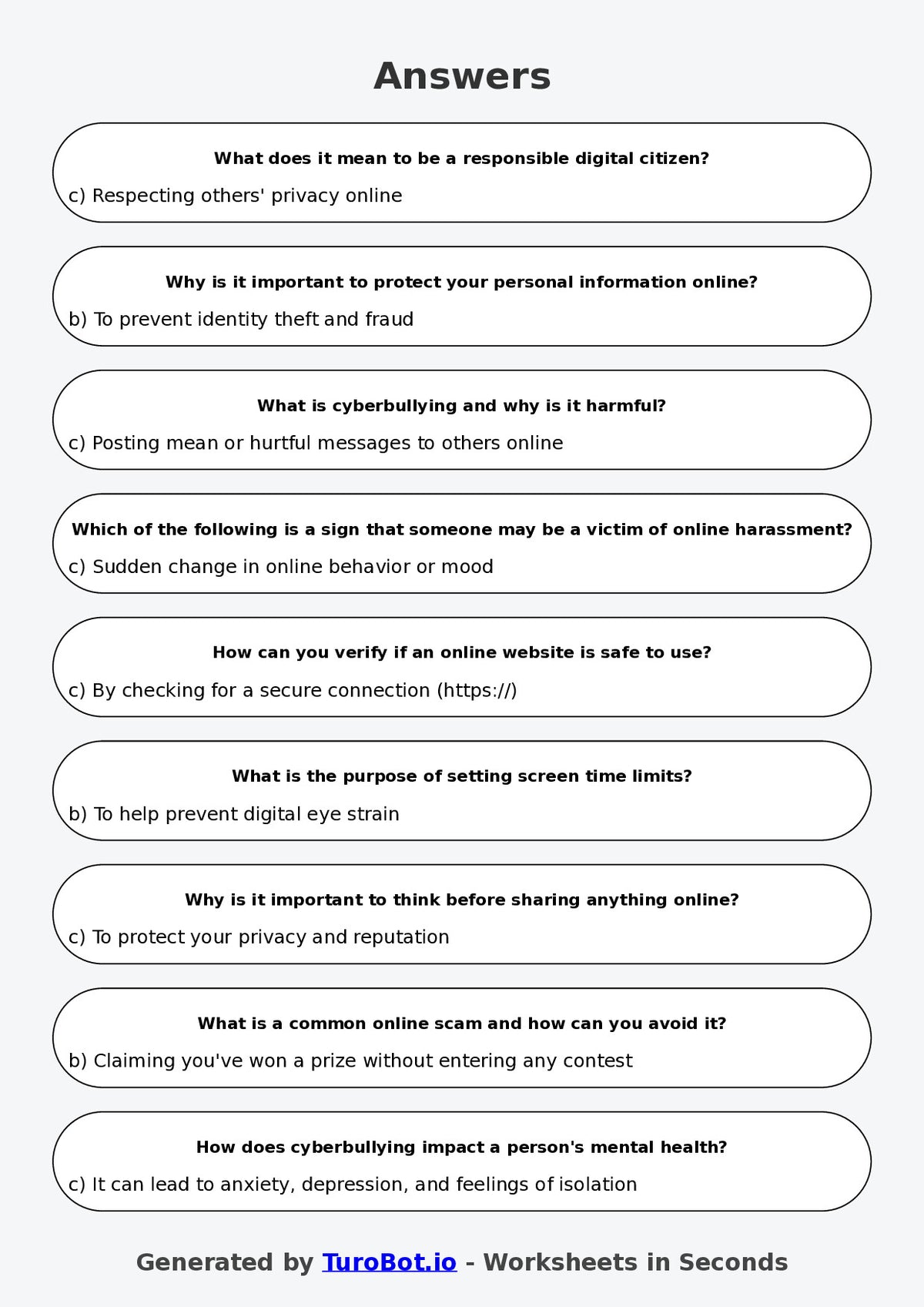 Year 7 Health & Wellbeing Multiple Choice Worksheet – Online Safety and Digital Balance