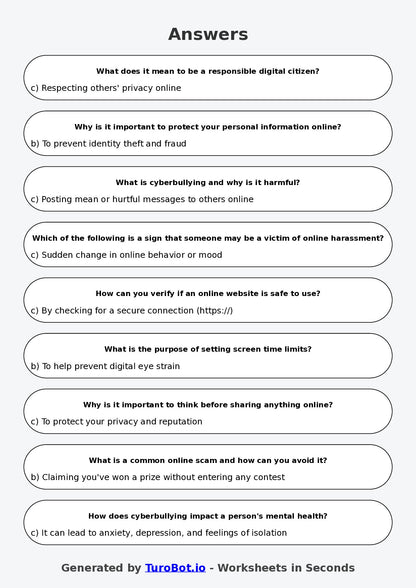 Year 7 Health & Wellbeing Multiple Choice Worksheet – Online Safety and Digital Balance