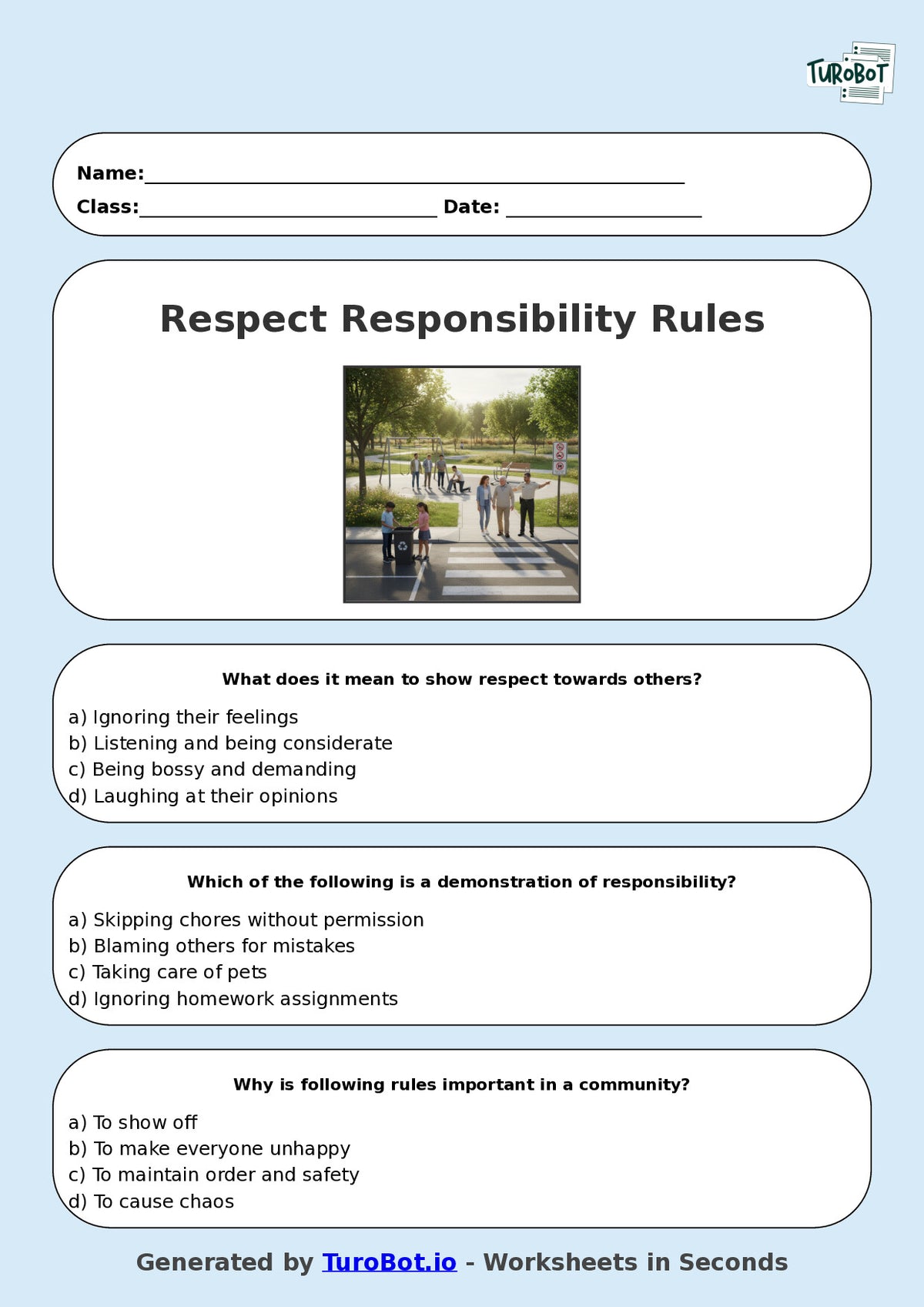Year 8 Health & Wellbeing Multiple Choice Worksheet – Respect Responsibility and Rules