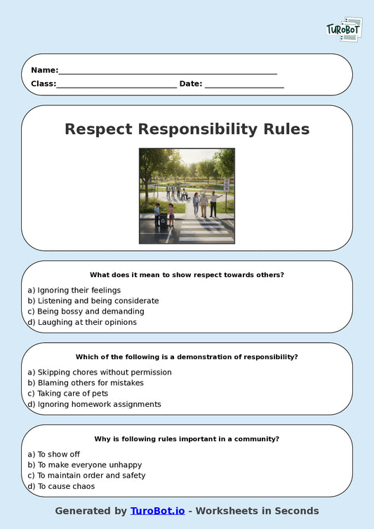 Year 8 Health & Wellbeing Multiple Choice Worksheet – Respect Responsibility and Rules