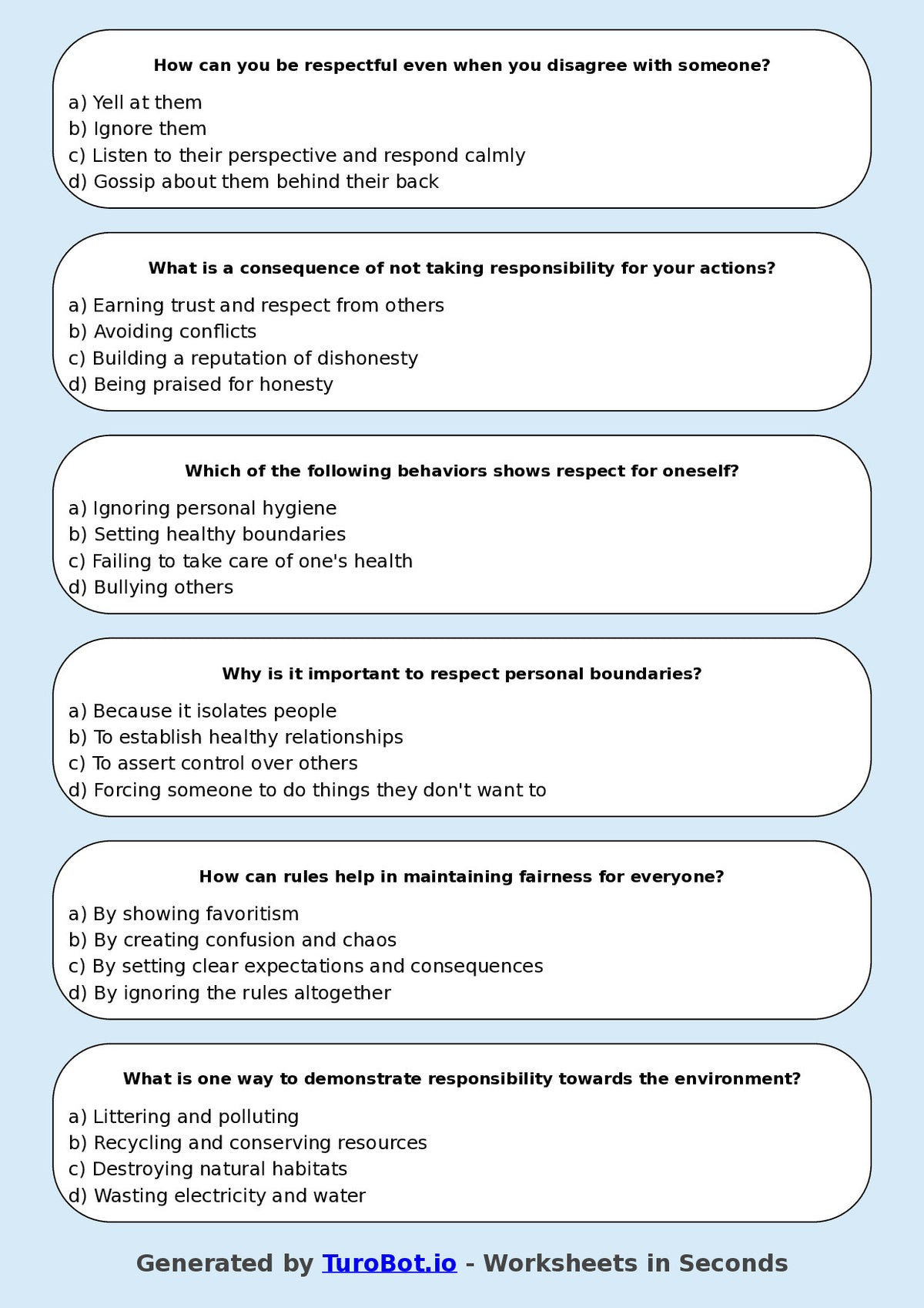 Year 8 Health & Wellbeing Multiple Choice Worksheet – Respect Responsibility and Rules