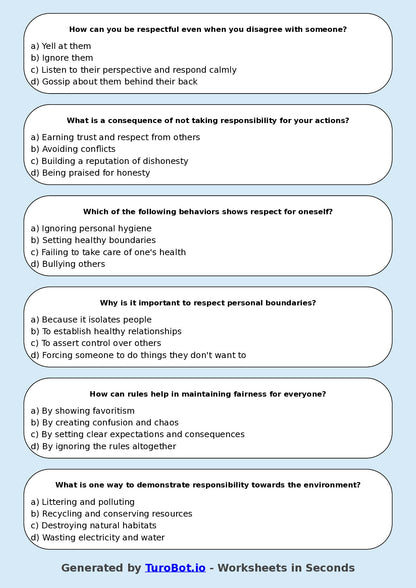 Year 8 Health & Wellbeing Multiple Choice Worksheet – Respect Responsibility and Rules