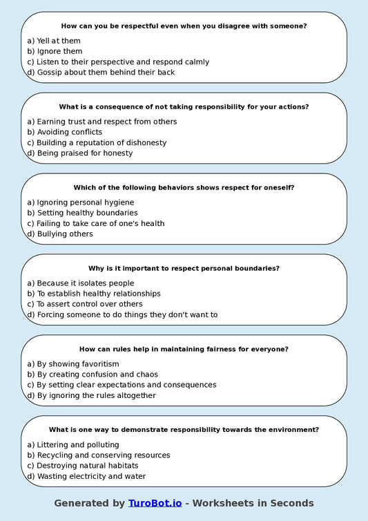 Year 8 Health & Wellbeing Multiple Choice Worksheet – Respect Responsibility and Rules