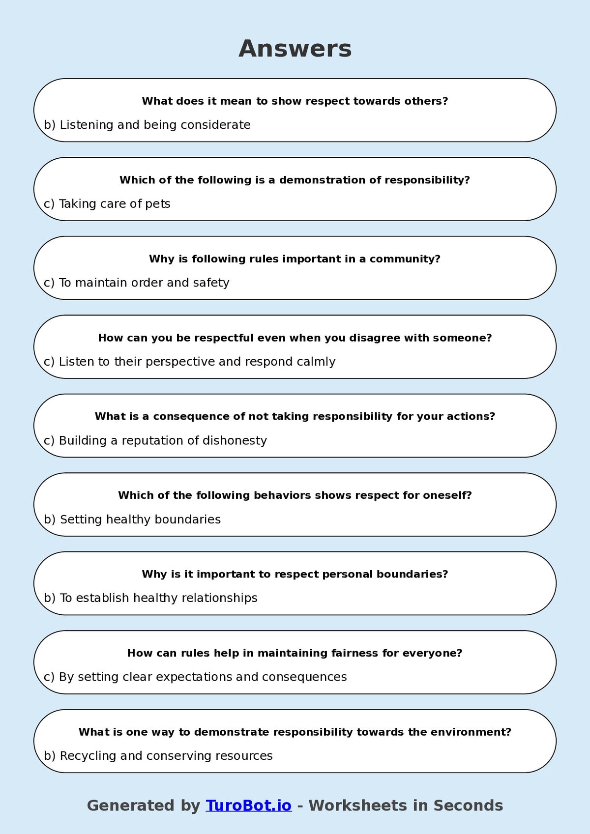Year 8 Health & Wellbeing Multiple Choice Worksheet – Respect Responsibility and Rules