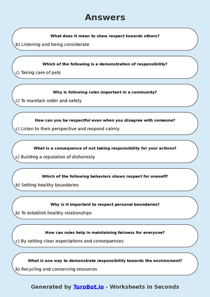 Year 8 Health & Wellbeing Multiple Choice Worksheet – Respect Responsibility and Rules