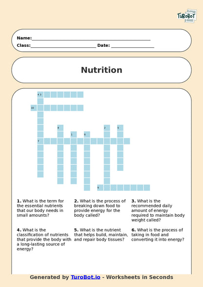 Health and Wellbeing - Year 9 - Crossword - Nutrition and Healthy Eating