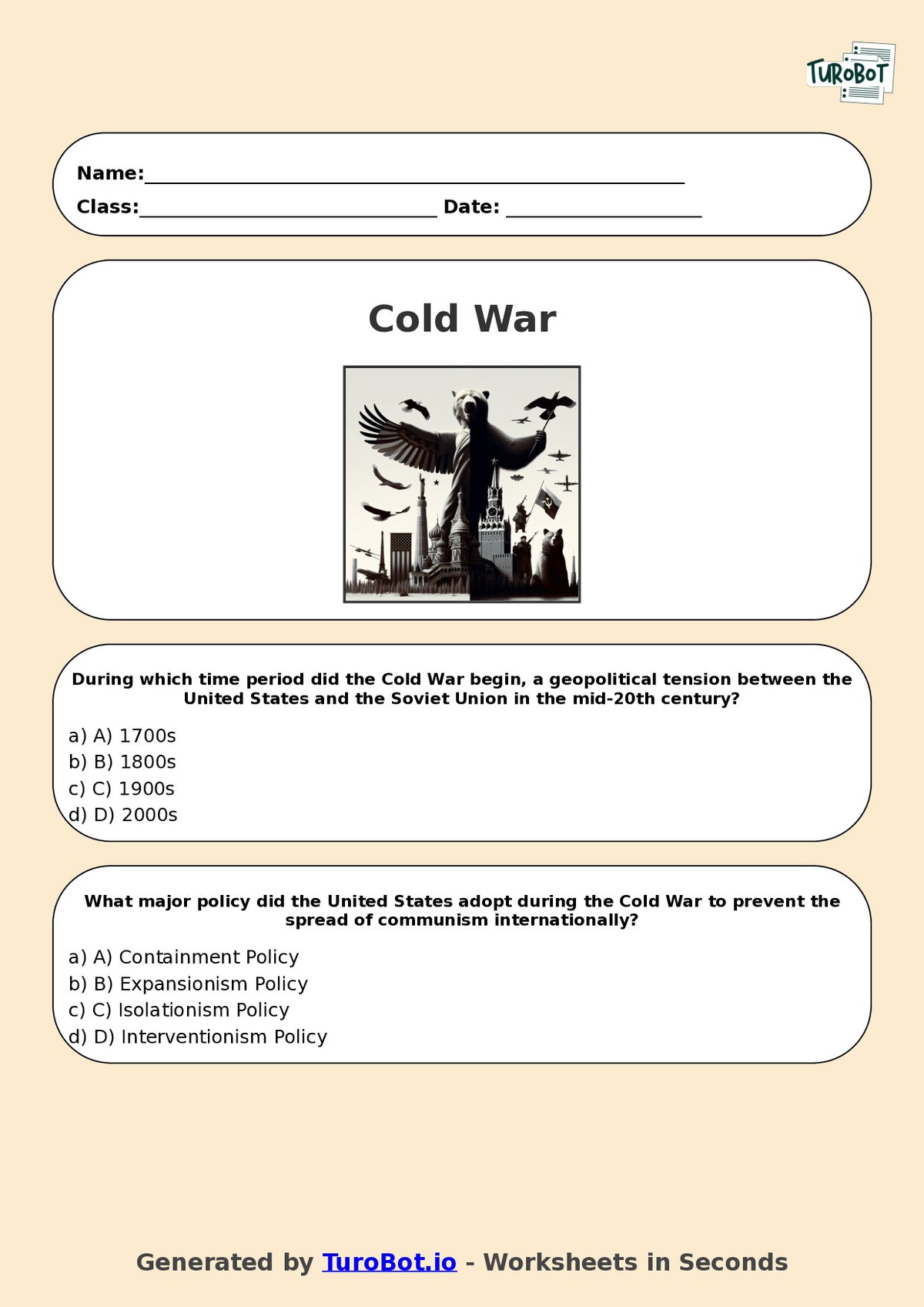 Year 10 History Multiple Choice Worksheet – Cold War Introduction
