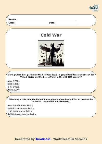 Year 10 History Multiple Choice Worksheet – Cold War Introduction