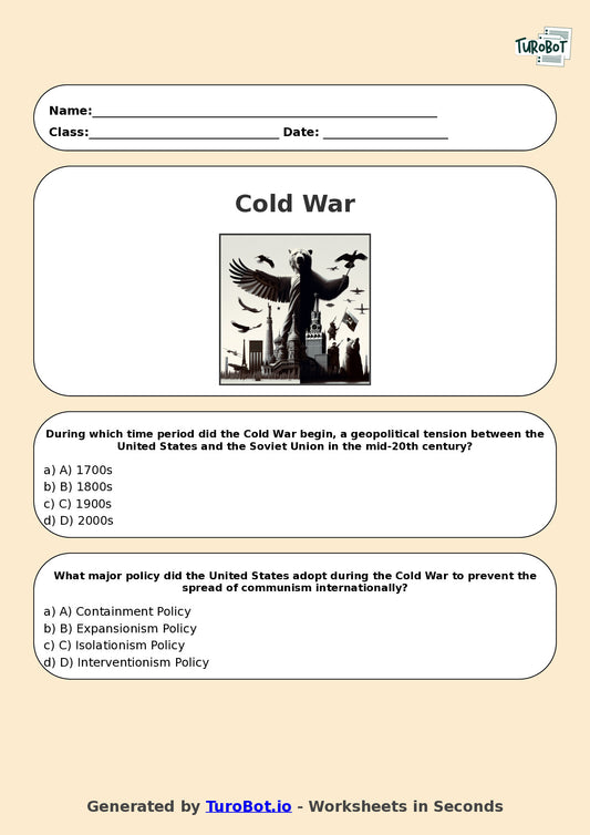 Year 10 History Multiple Choice Worksheet – Cold War Introduction