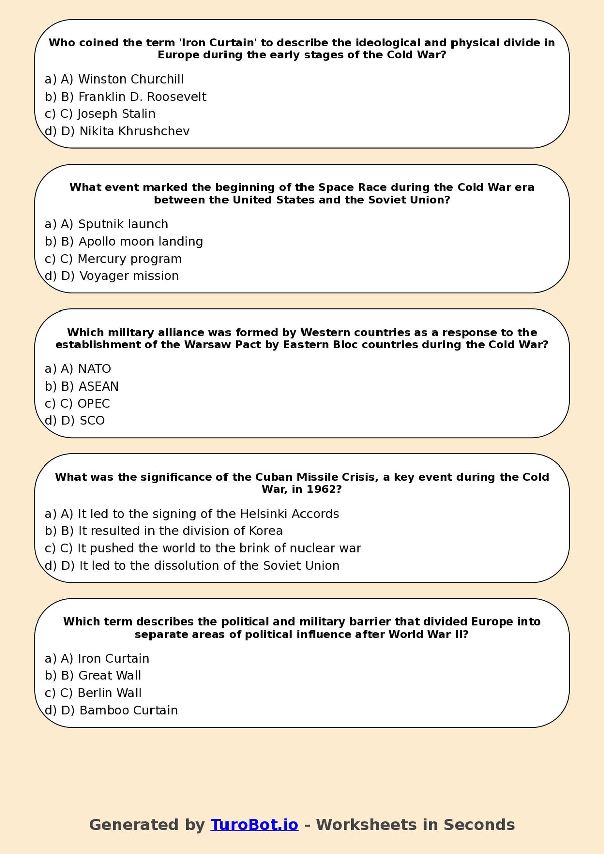 Year 10 History Multiple Choice Worksheet – Cold War Introduction