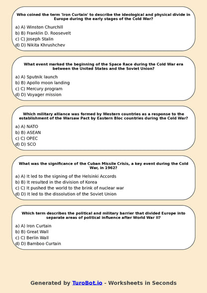 Year 10 History Multiple Choice Worksheet – Cold War Introduction