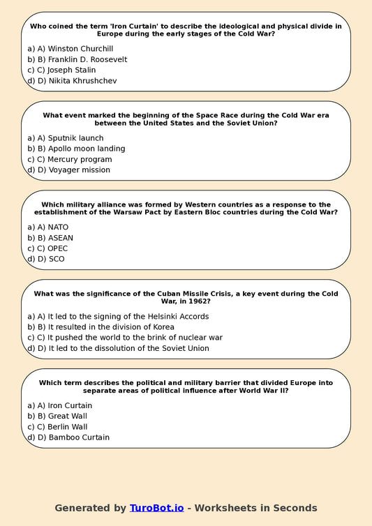 Year 10 History Multiple Choice Worksheet – Cold War Introduction