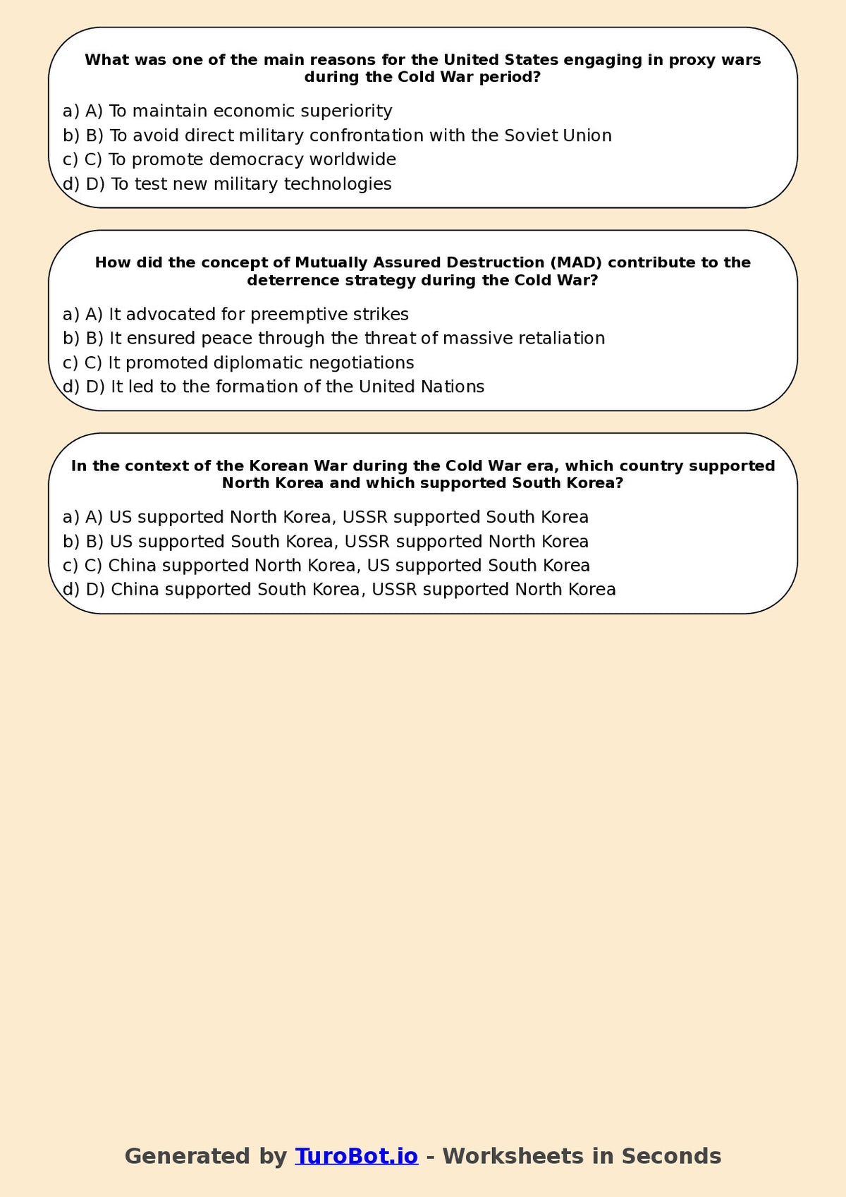 Year 10 History Multiple Choice Worksheet – Cold War Introduction