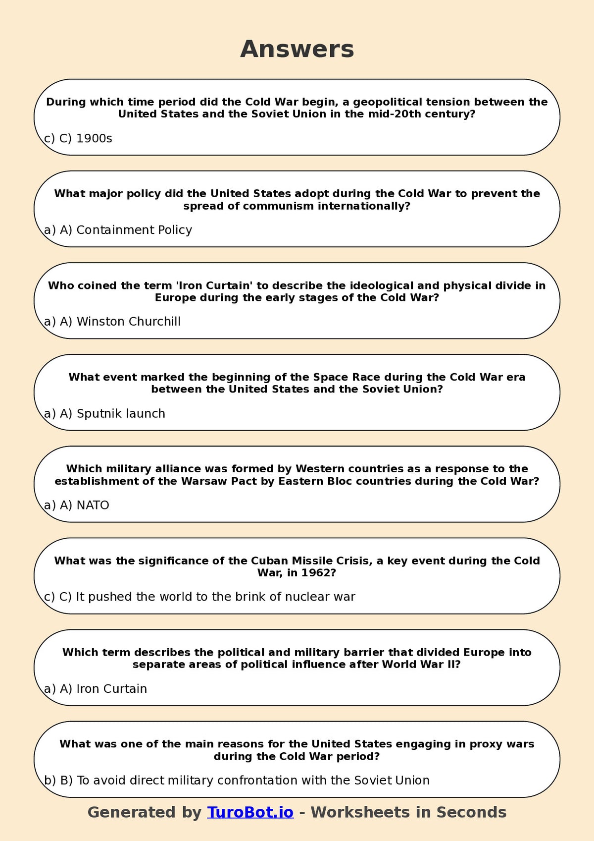 Year 10 History Multiple Choice Worksheet – Cold War Introduction