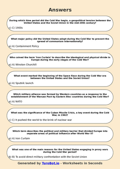 Year 10 History Multiple Choice Worksheet – Cold War Introduction