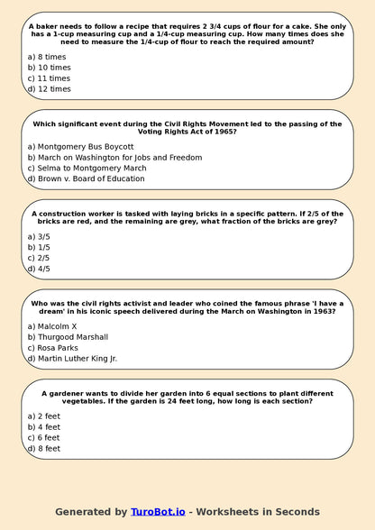Year 11 History Multiple Choice Worksheet – Civil Rights Movements