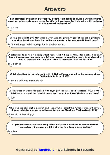 Year 11 History Multiple Choice Worksheet – Civil Rights Movements