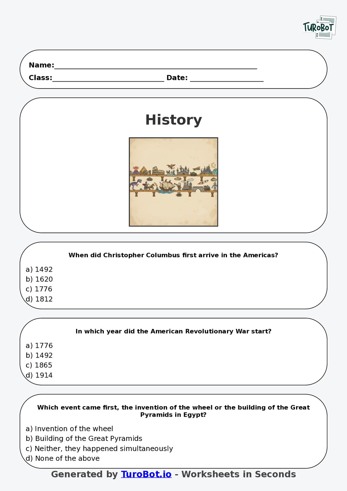 Year 6 History Multiple Choice Worksheet – Understanding Timelines