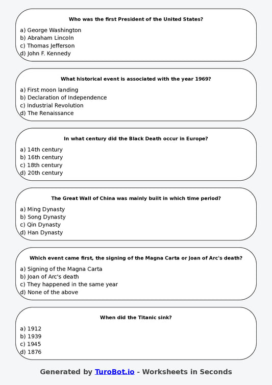 Year 6 History Multiple Choice Worksheet – Understanding Timelines