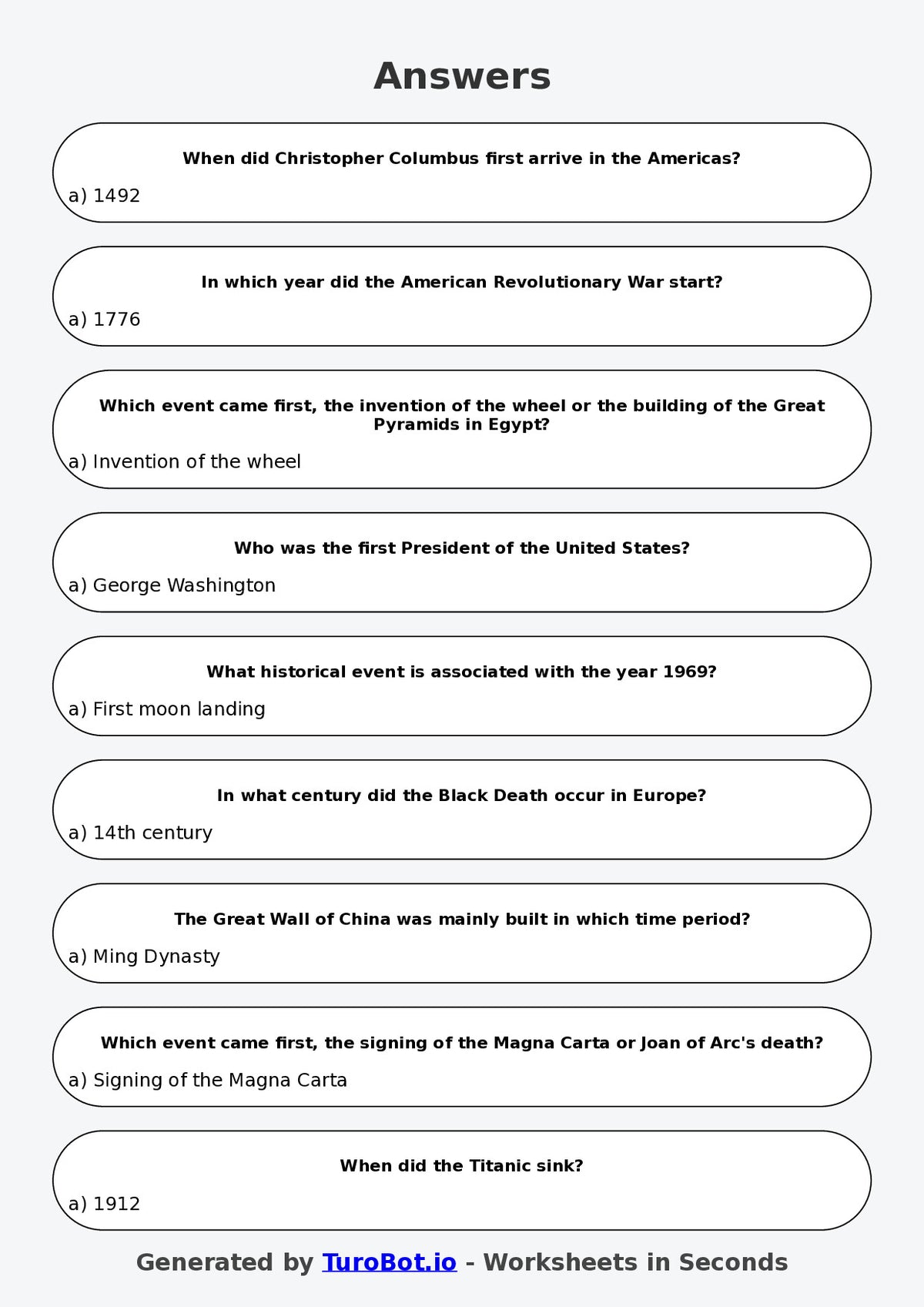 Year 6 History Multiple Choice Worksheet – Understanding Timelines