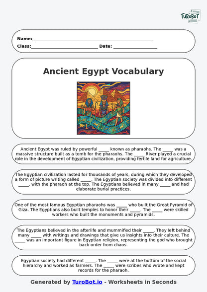 Year 4 History Fill in the Blanks Worksheet – Ancient Egypt Vocabulary