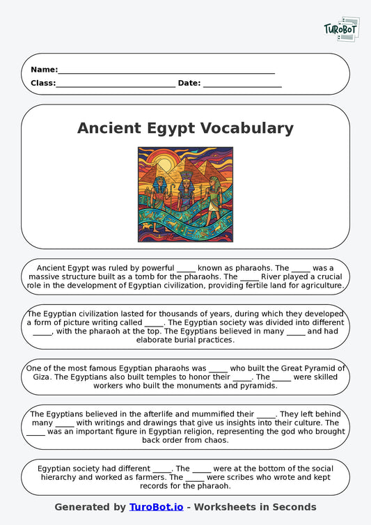 Year 4 History Fill in the Blanks Worksheet – Ancient Egypt Vocabulary