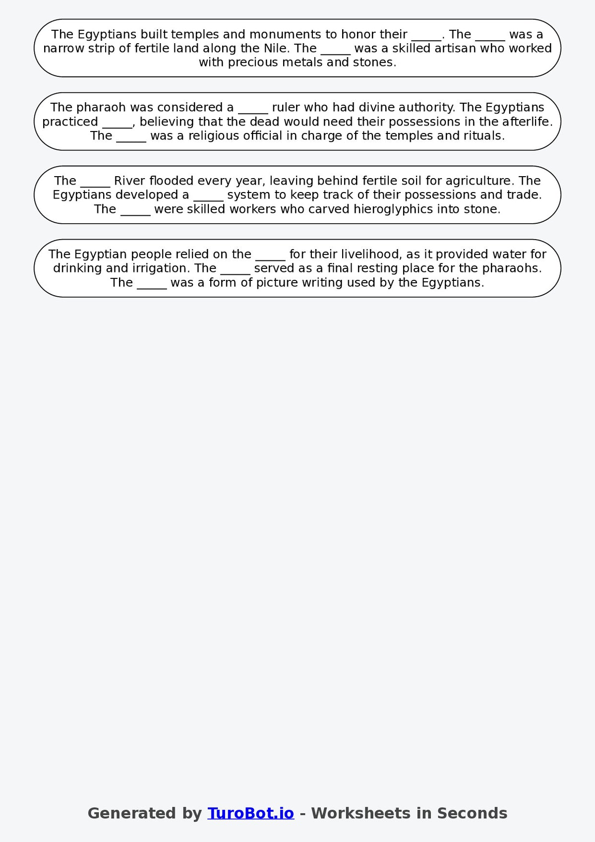 Year 4 History Fill in the Blanks Worksheet – Ancient Egypt Vocabulary