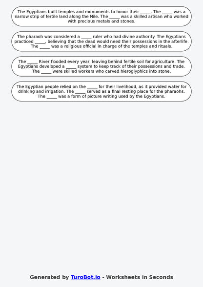 Year 4 History Fill in the Blanks Worksheet – Ancient Egypt Vocabulary