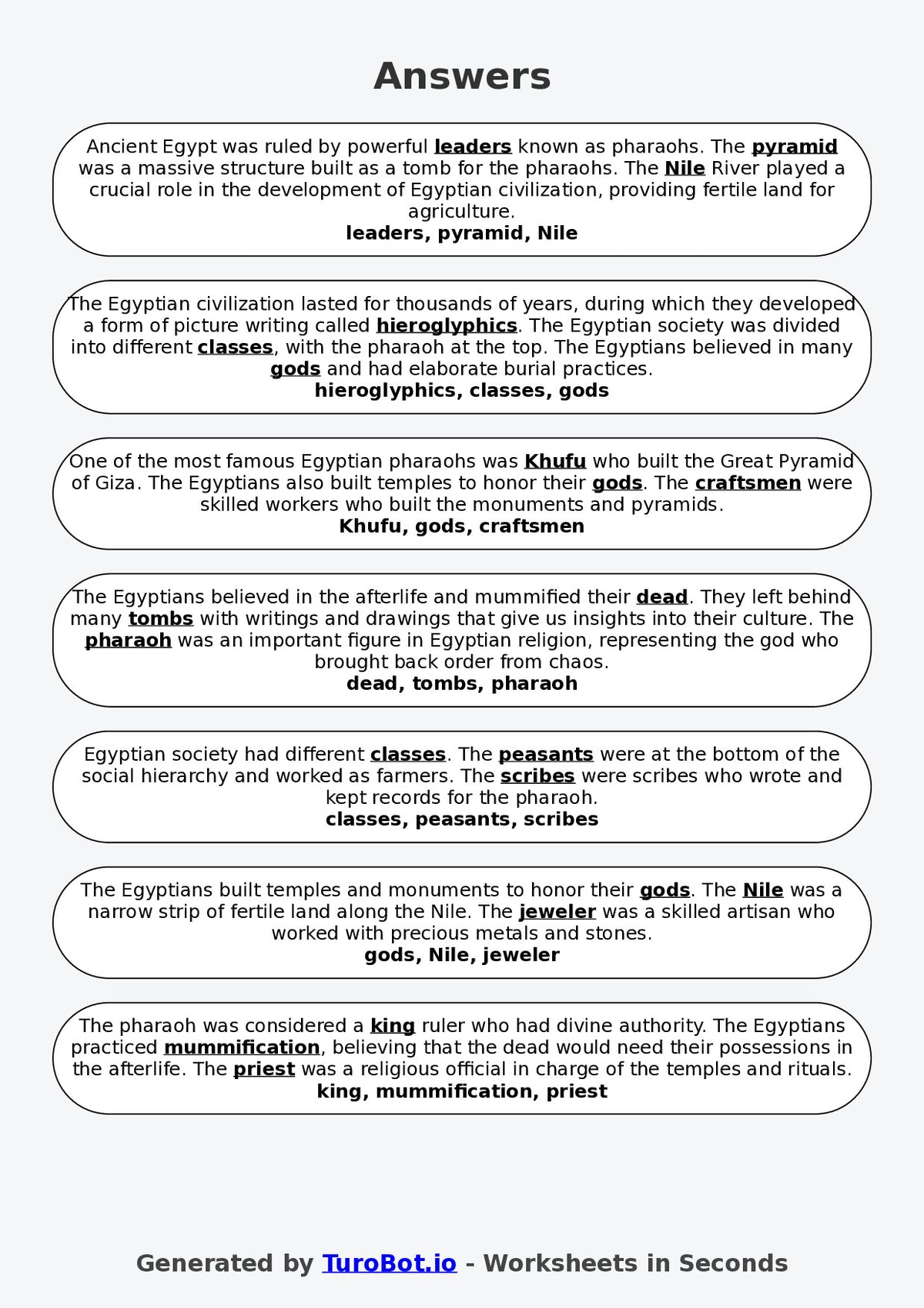 Year 4 History Fill in the Blanks Worksheet – Ancient Egypt Vocabulary