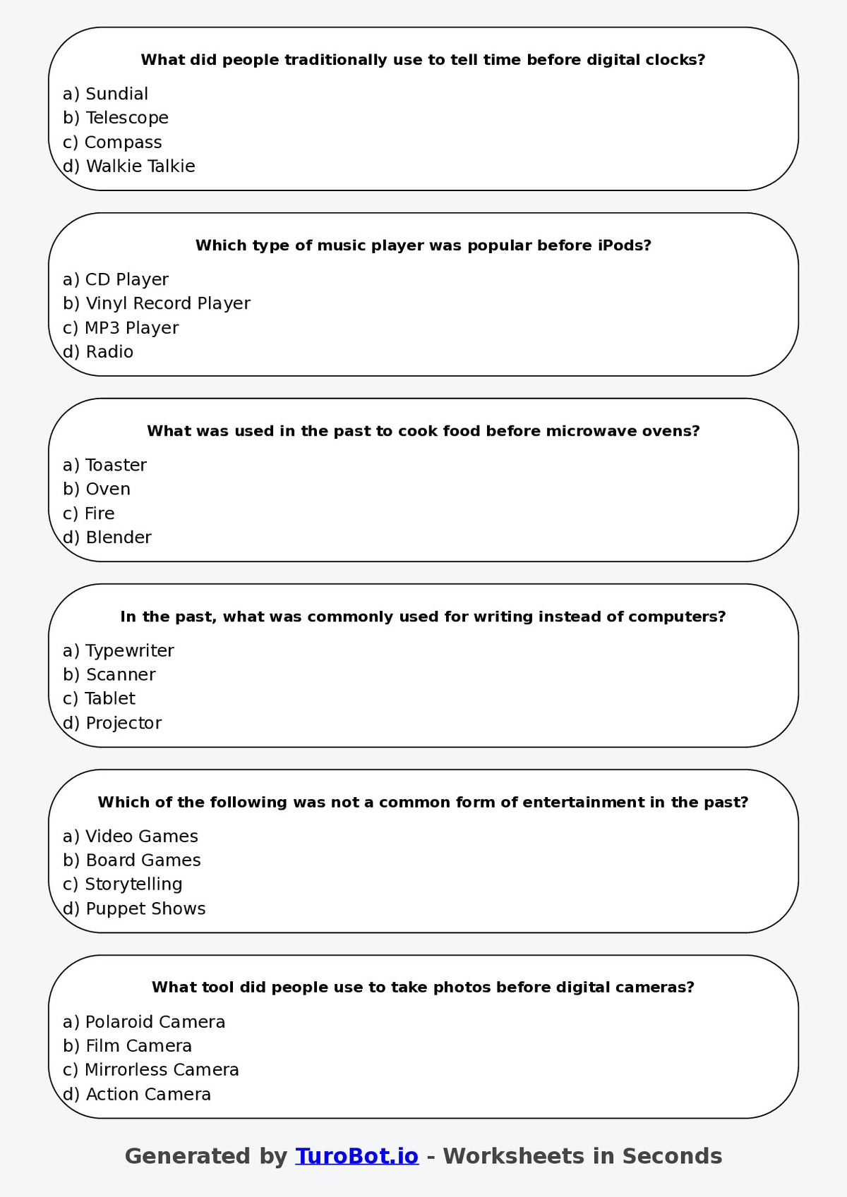 Year 4 History Multiple Choice Worksheet – Past and Present Comparisons