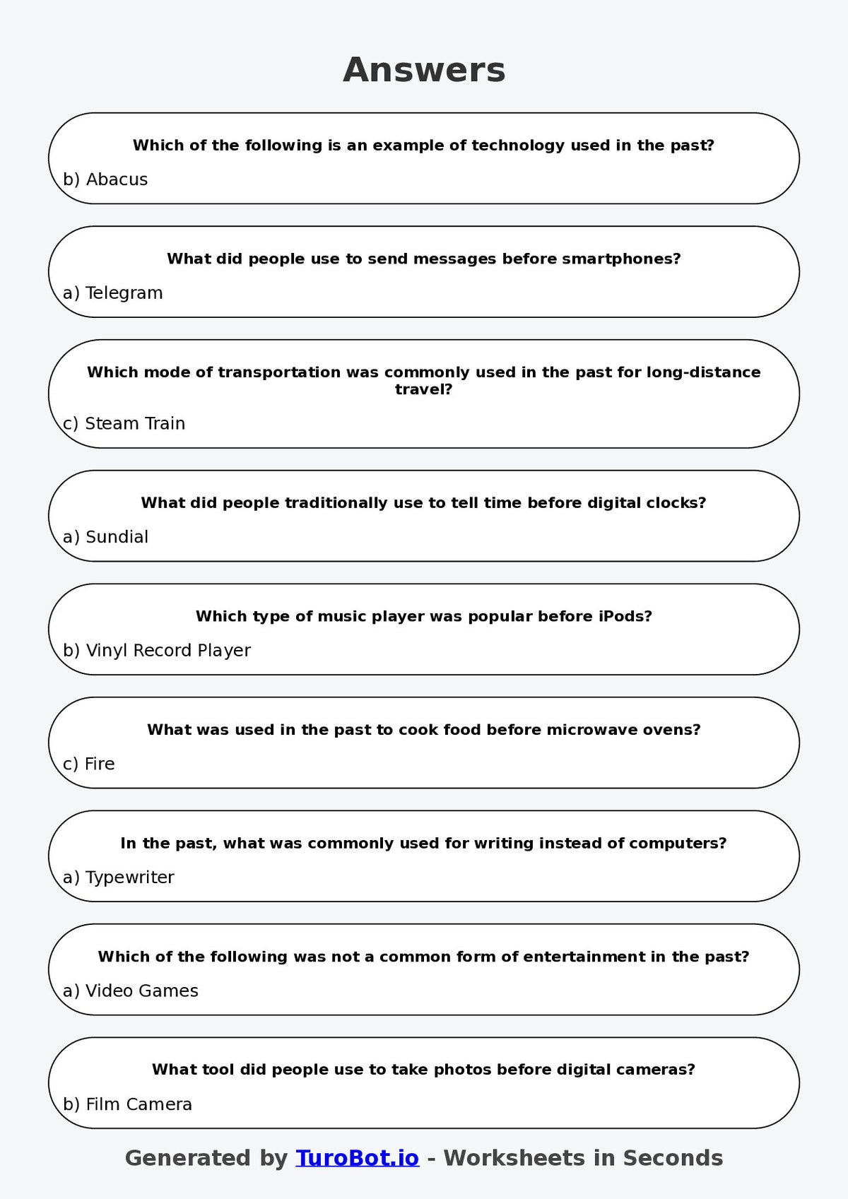 Year 4 History Multiple Choice Worksheet – Past and Present Comparisons