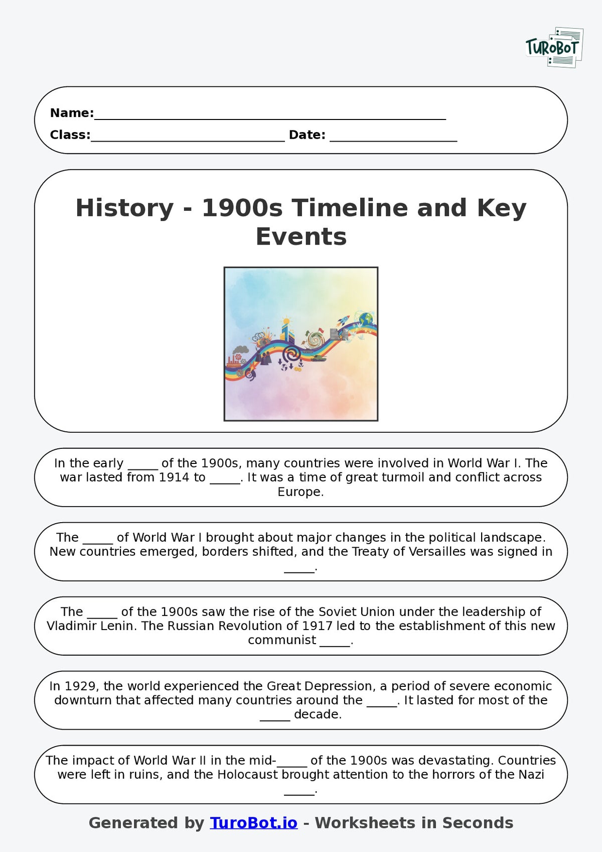 Year 5 History Fill in the Blanks Worksheet – Timelines and Key Events in the 1900s