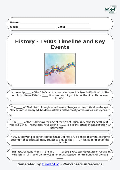 Year 5 History Fill in the Blanks Worksheet – Timelines and Key Events in the 1900s