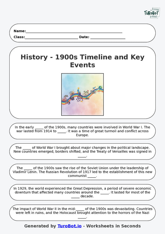 Year 5 History Fill in the Blanks Worksheet – Timelines and Key Events in the 1900s