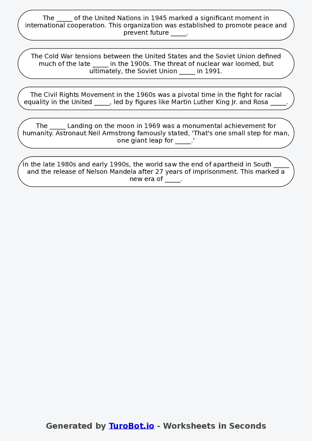 Year 5 History Fill in the Blanks Worksheet – Timelines and Key Events in the 1900s