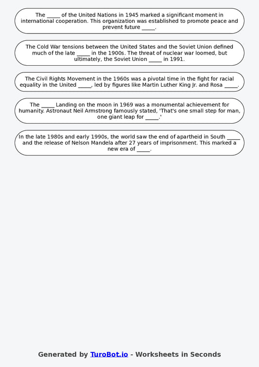 Year 5 History Fill in the Blanks Worksheet – Timelines and Key Events in the 1900s