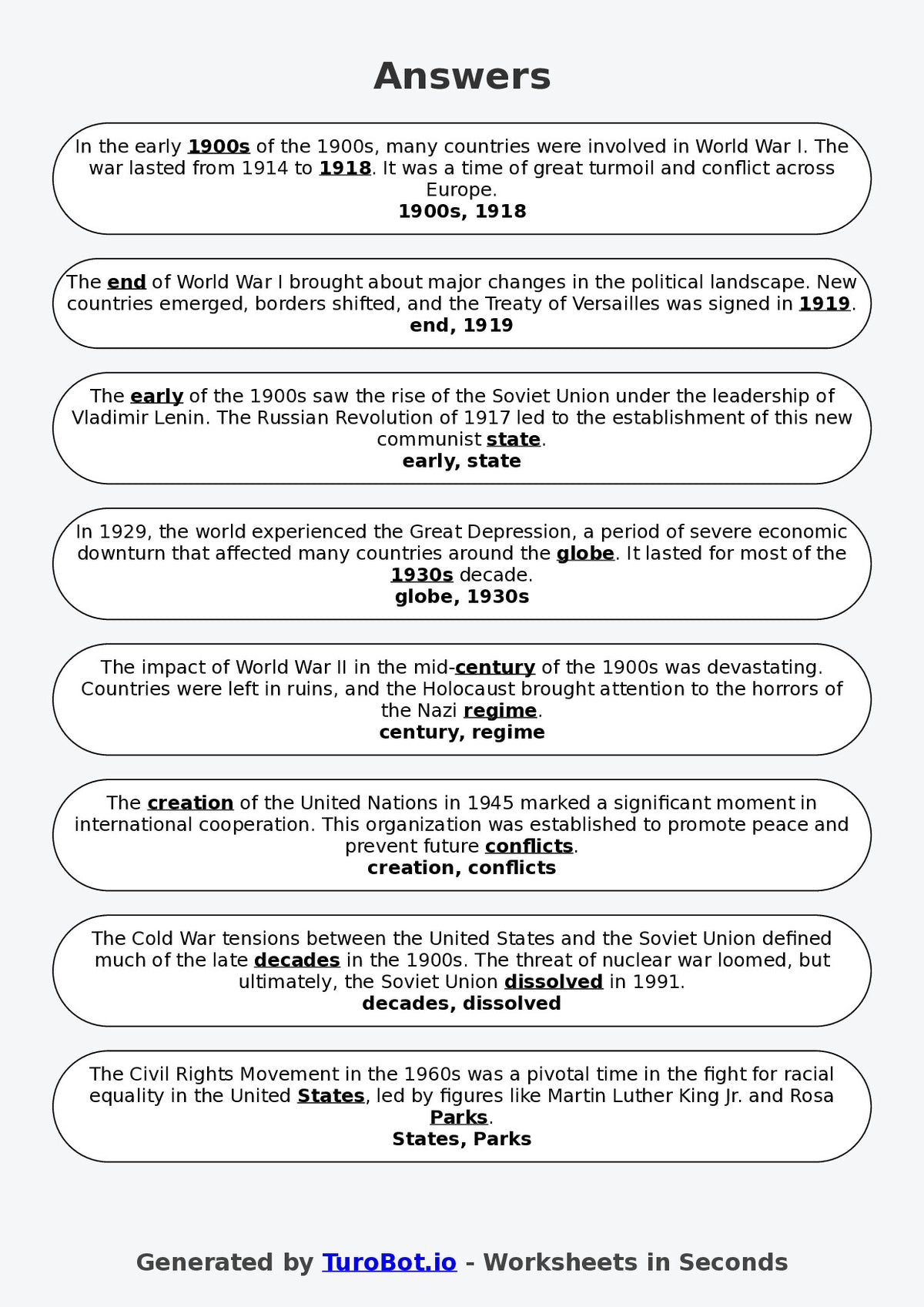Year 5 History Fill in the Blanks Worksheet – Timelines and Key Events in the 1900s